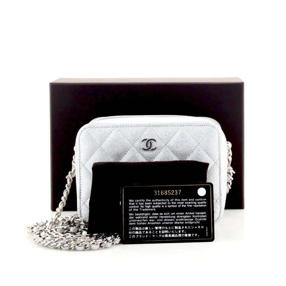 NWT CHANEL Silver Caviar Mini Zip Around Vanity on Chain (rare colors!)